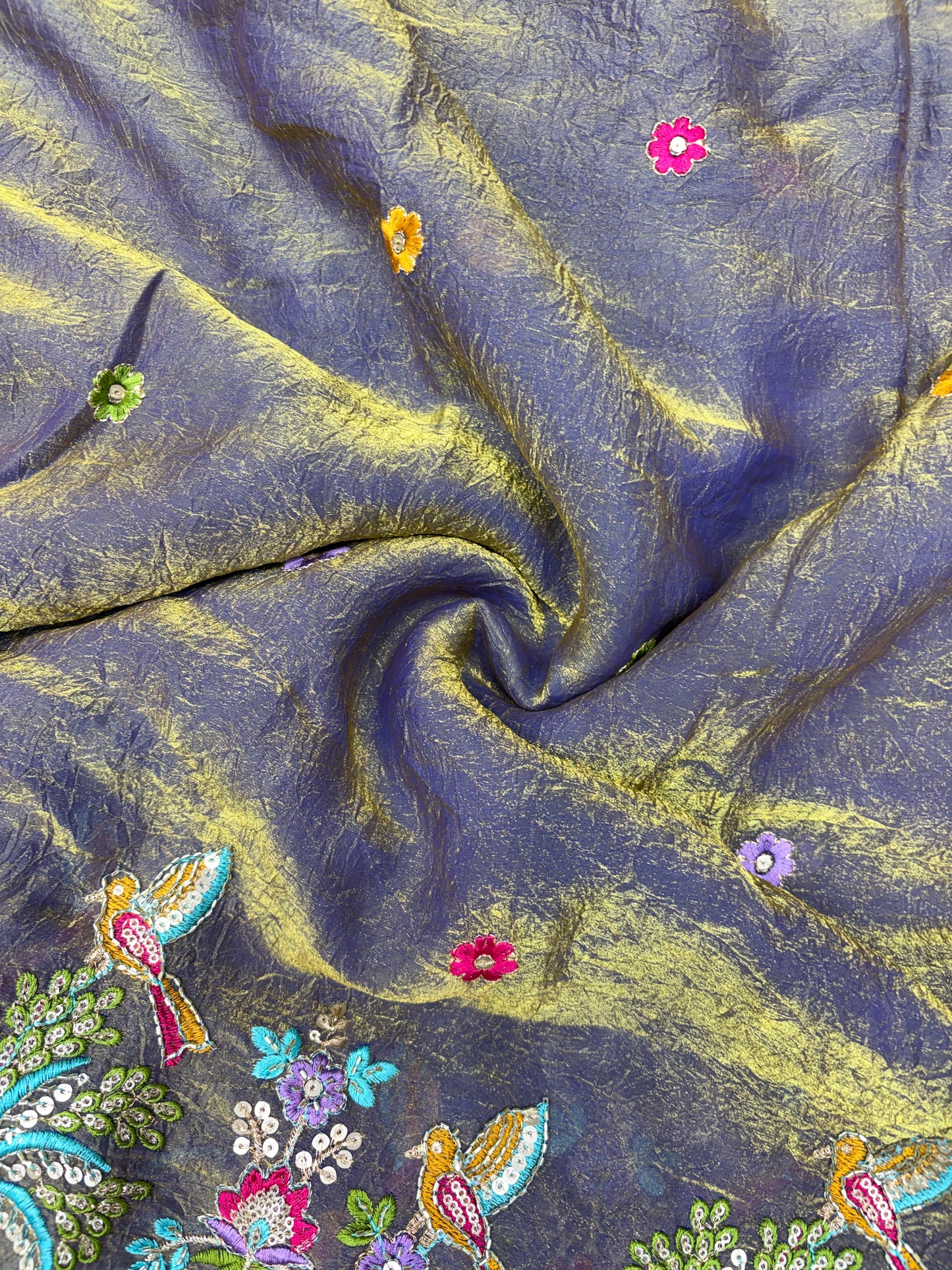 Premium Space Silk Fabric with Multi-Color Deer & Bird Embroidery. 44inch width