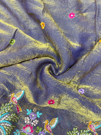 Premium Space Silk Fabric with Multi-Color Deer & Bird Embroidery. 44inch width