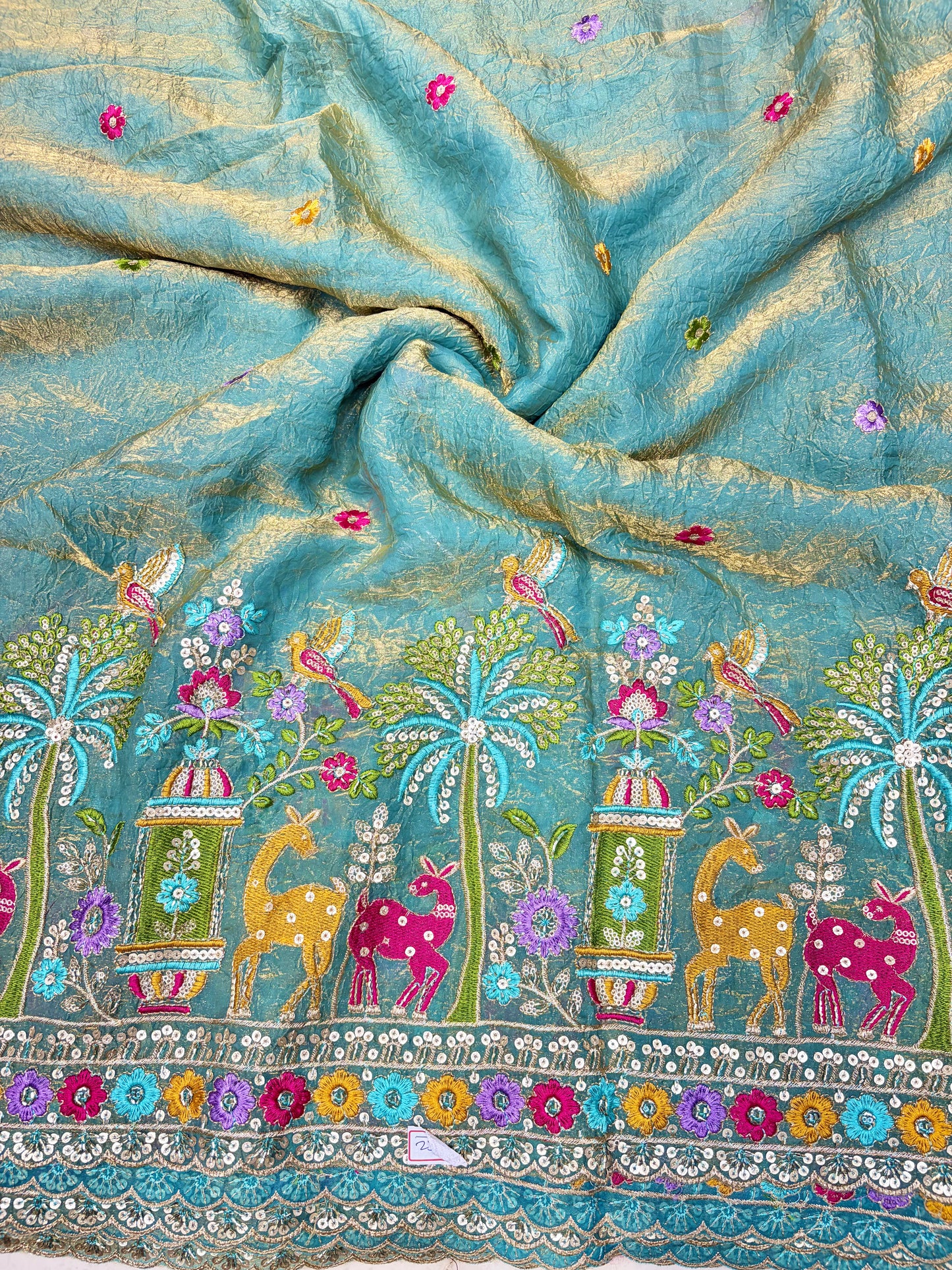 Premium Space Silk Fabric with Multi-Color Deer & Bird Embroidery. 44inch width