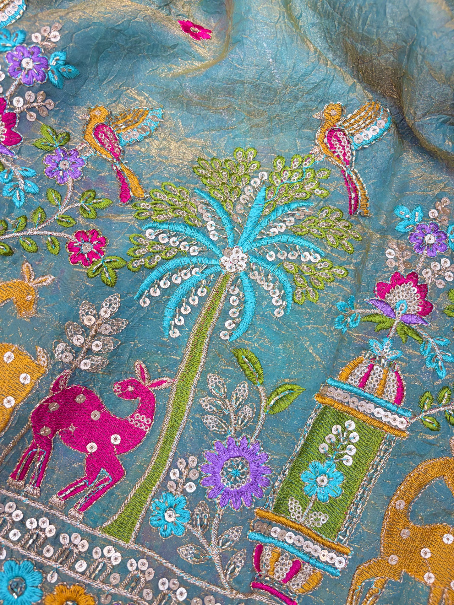 Premium Space Silk Fabric with Multi-Color Deer & Bird Embroidery. 44inch width