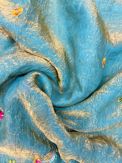 Premium Space Silk Fabric with Multi-Color Deer & Bird Embroidery. 44inch width