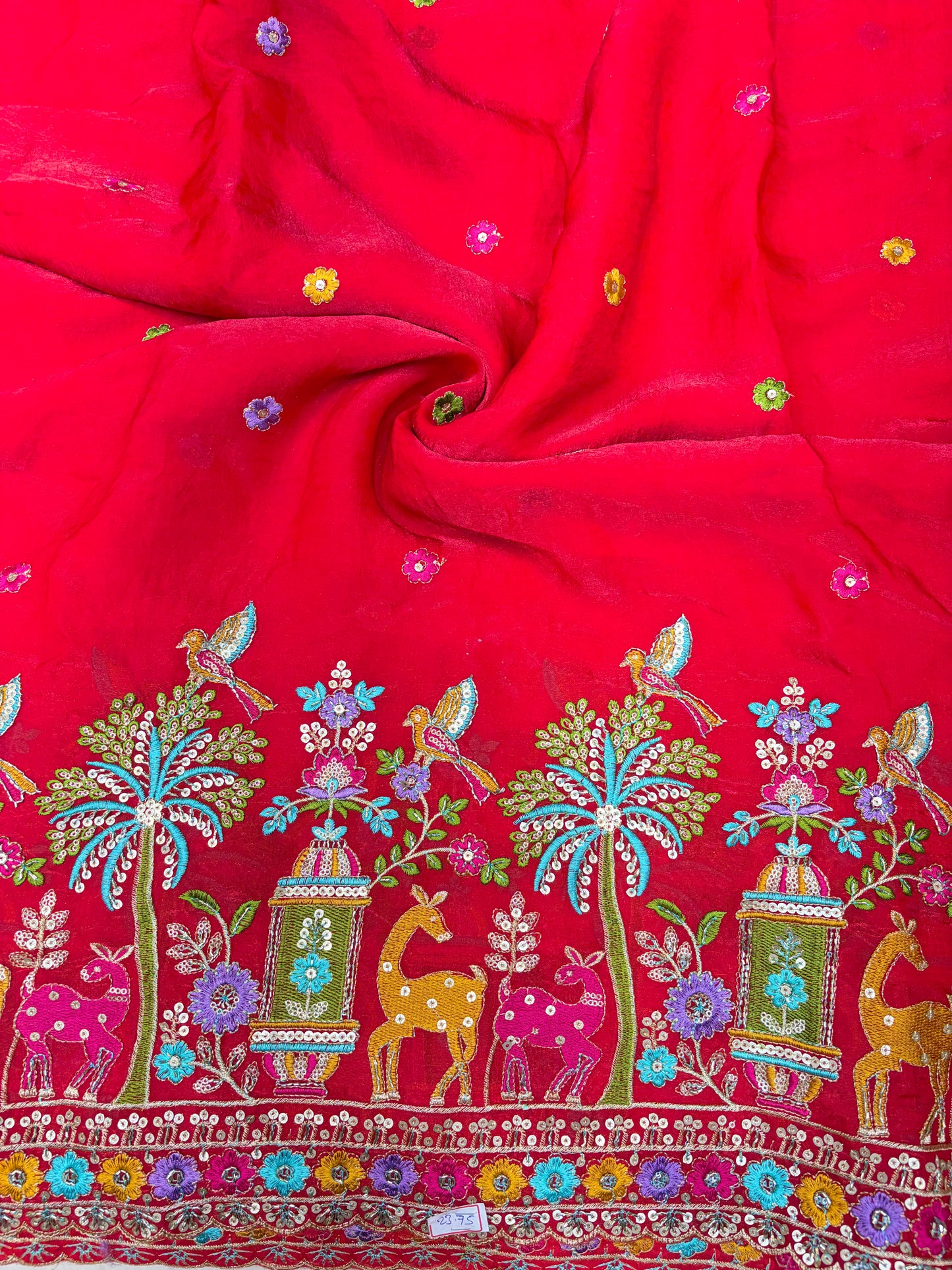 Premium Space Silk Fabric with Multi-Color Deer & Bird Embroidery. 44inch width