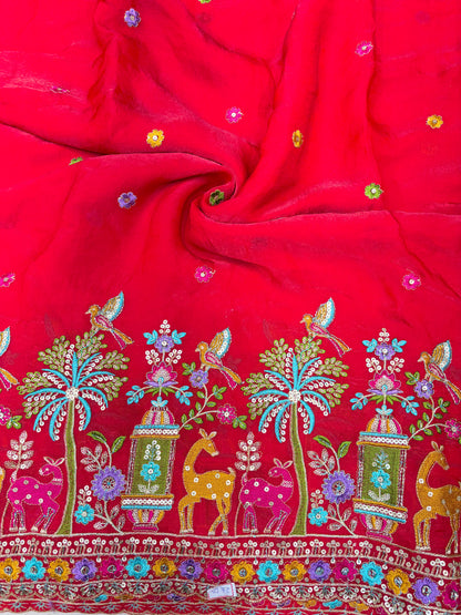 Premium Space Silk Fabric with Multi-Color Deer & Bird Embroidery. 44inch width