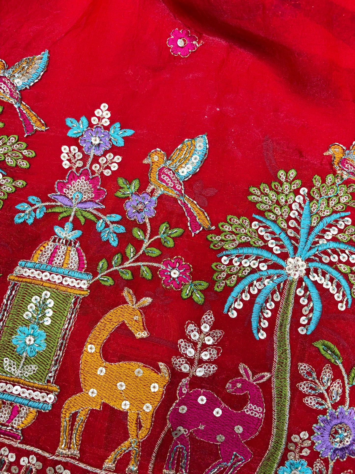 Premium Space Silk Fabric with Multi-Color Deer & Bird Embroidery. 44inch width