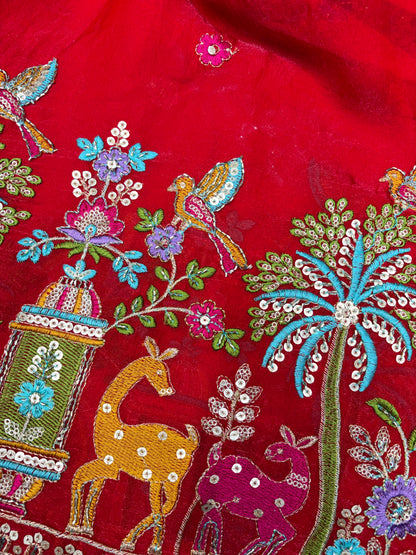 Premium Space Silk Fabric with Multi-Color Deer & Bird Embroidery. 44inch width