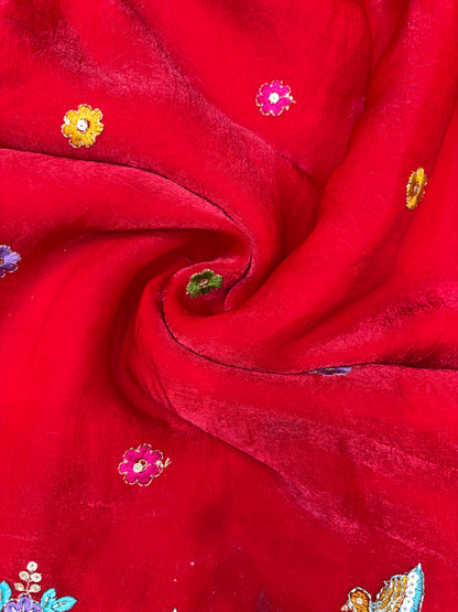 Premium Space Silk Fabric with Multi-Color Deer & Bird Embroidery. 44inch width ORANGE