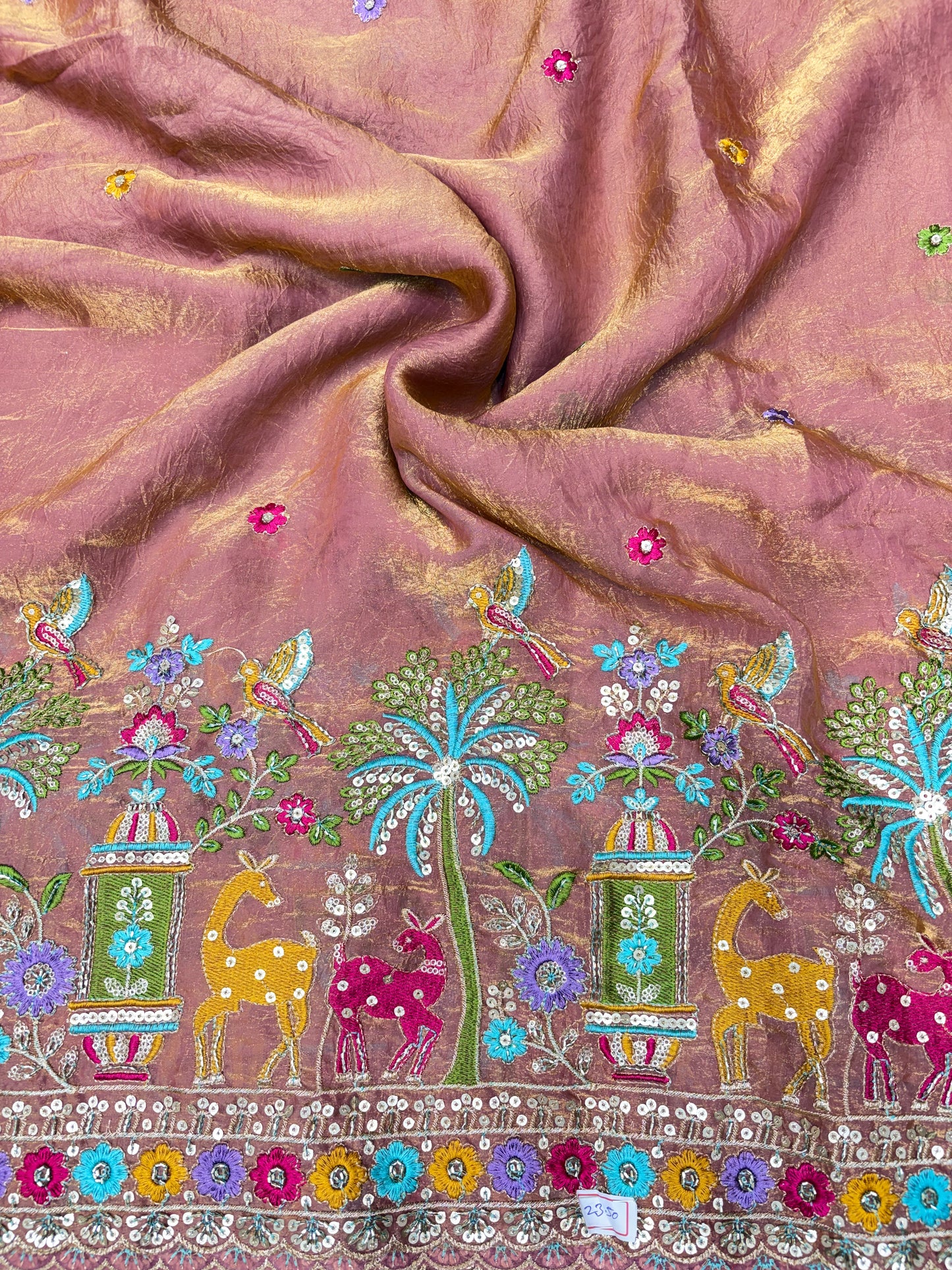 Premium Space Silk Fabric with Multi-Color Deer & Bird Embroidery. 44inch width