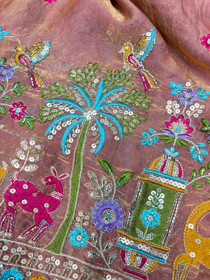 Premium Space Silk Fabric with Multi-Color Deer & Bird Embroidery. 44inch width