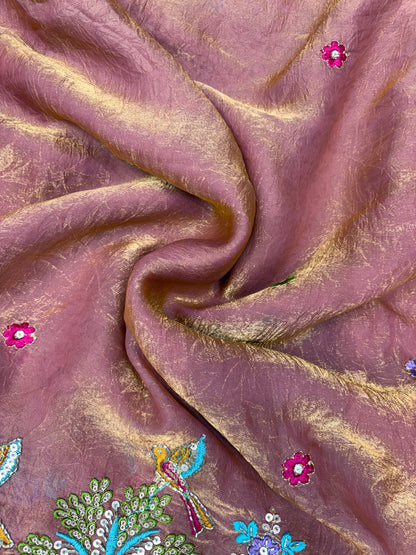 Premium Space Silk Fabric with Multi-Color Deer & Bird Embroidery. 44inch width