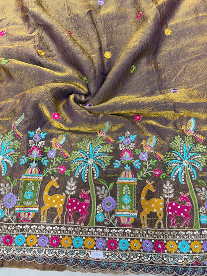Premium Space Silk Fabric with Multi-Color Deer & Bird Embroidery. 44inch width