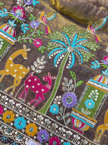 Premium Space Silk Fabric with Multi-Color Deer & Bird Embroidery. 44inch width