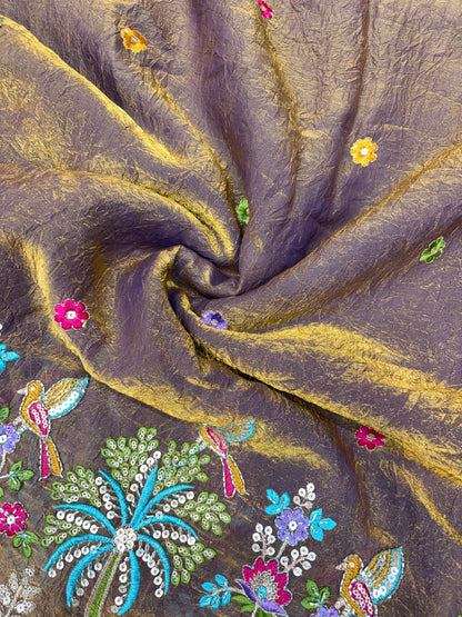 Premium Space Silk Fabric with Multi-Color Deer & Bird Embroidery. 44inch width