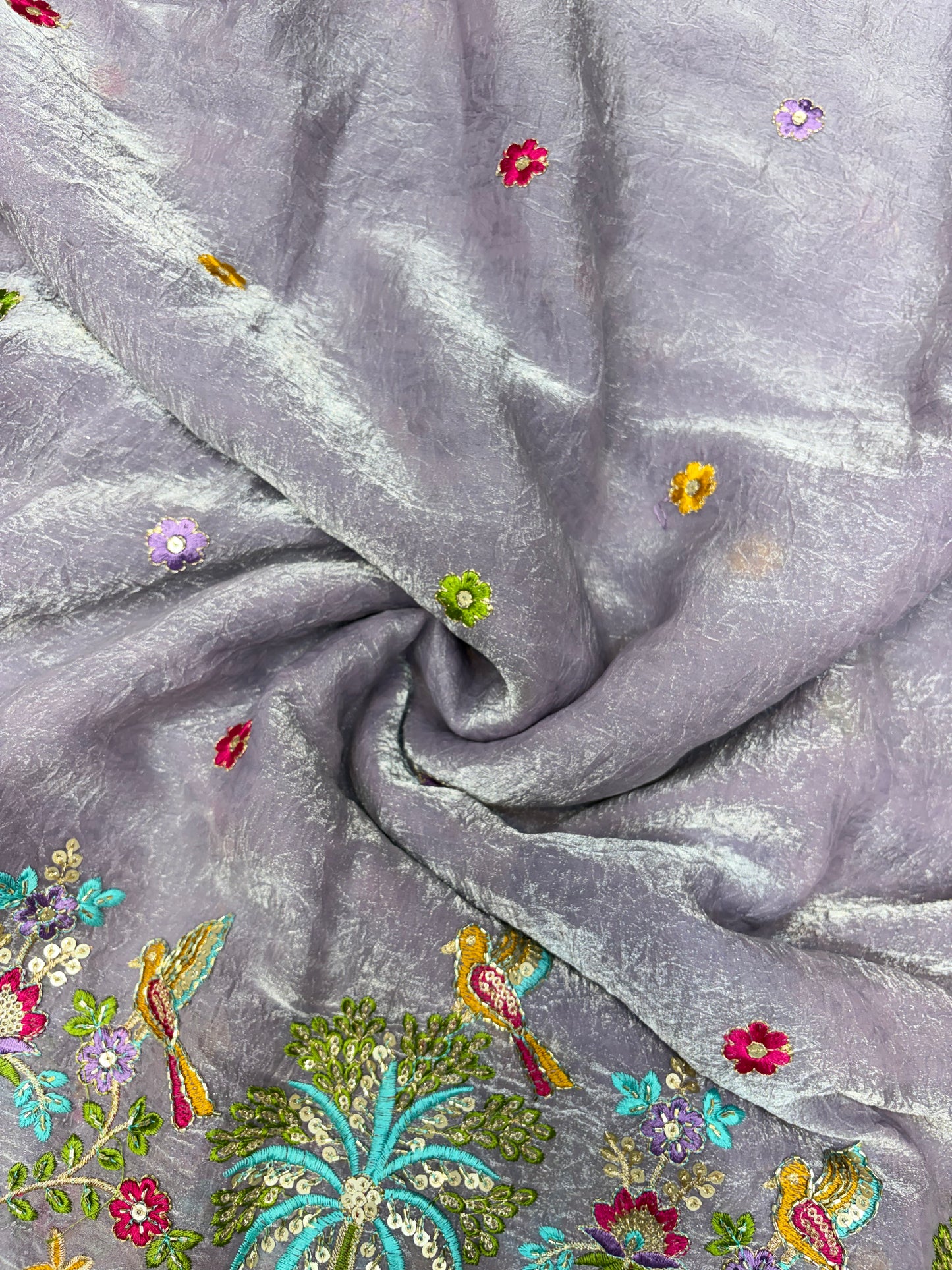 Premium Space Silk Fabric with Multi-Color Deer & Bird Embroidery. 44inch width