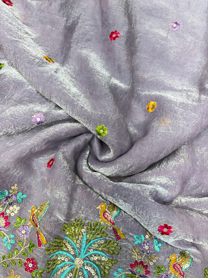 Premium Space Silk Fabric with Multi-Color Deer & Bird Embroidery. 44inch width