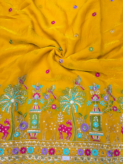 Premium Space Silk Fabric with Multi-Color Deer & Bird Embroidery. 44inch width