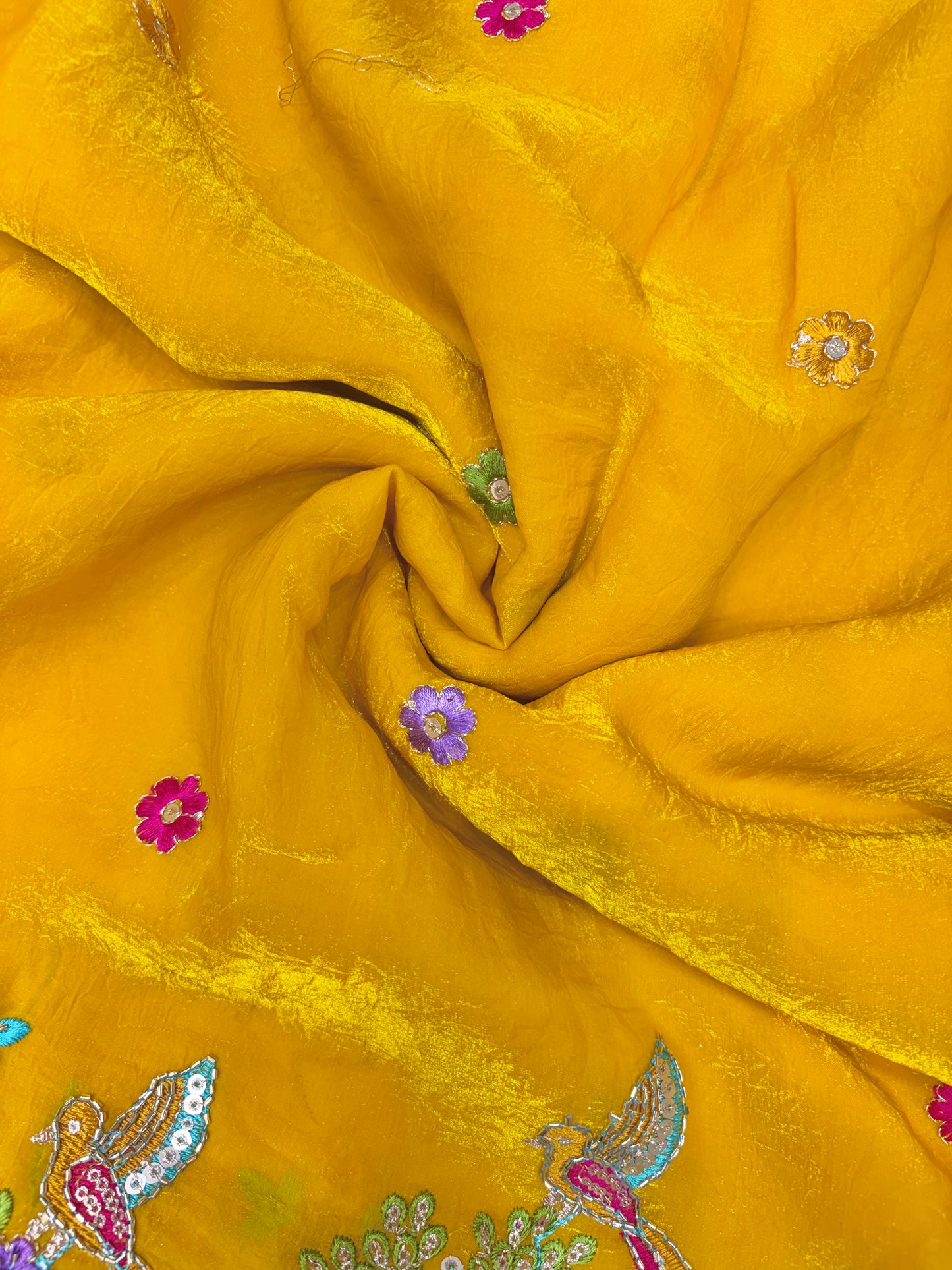 Premium Space Silk Fabric with Multi-Color Deer & Bird Embroidery. 44inch width