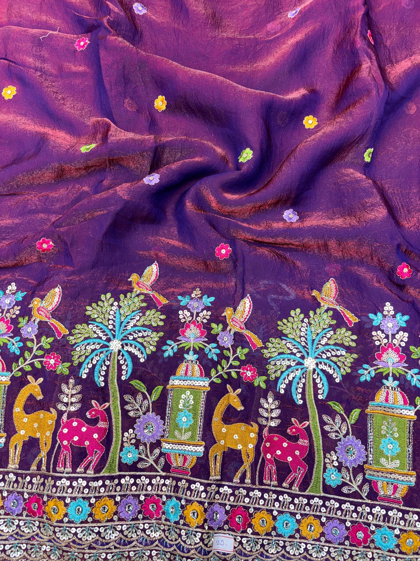 Premium Space Silk Fabric with Multi-Color Deer & Bird Embroidery. 44inch width