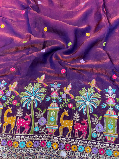 Premium Space Silk Fabric with Multi-Color Deer & Bird Embroidery. 44inch width
