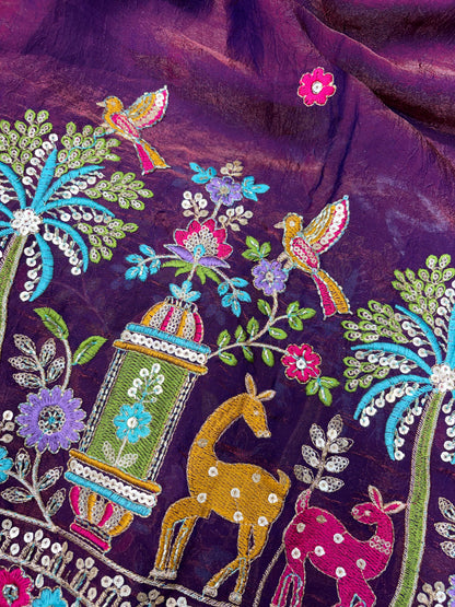 Premium Space Silk Fabric with Multi-Color Deer & Bird Embroidery. 44inch width