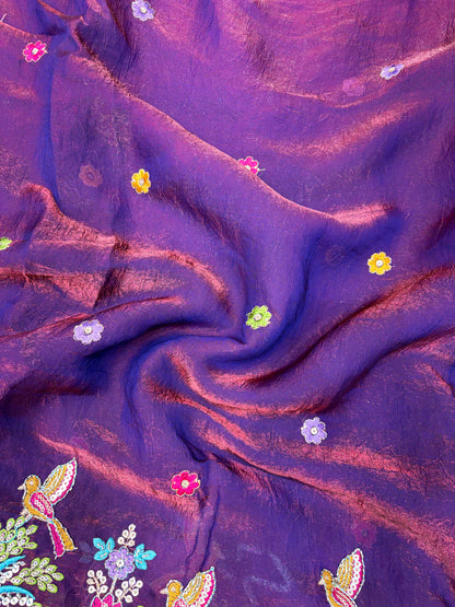 Premium Space Silk Fabric with Multi-Color Deer & Bird Embroidery. 44inch width