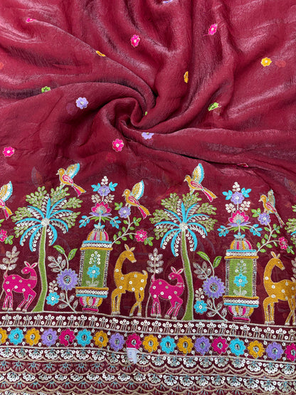 Premium Space Silk Fabric with Multi-Color Deer & Bird Embroidery. 44inch width MAROON