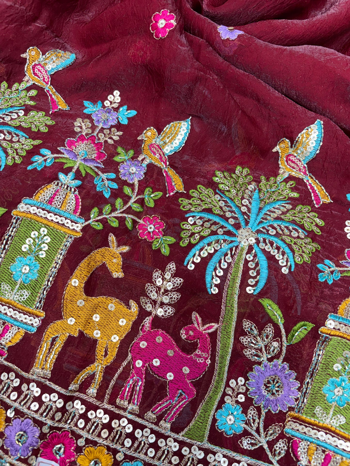 Premium Space Silk Fabric with Multi-Color Deer & Bird Embroidery. 44inch width MAROON