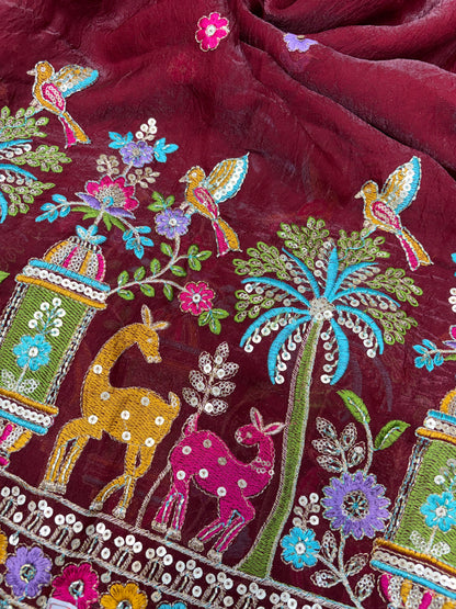 Premium Space Silk Fabric with Multi-Color Deer & Bird Embroidery. 44inch width MAROON