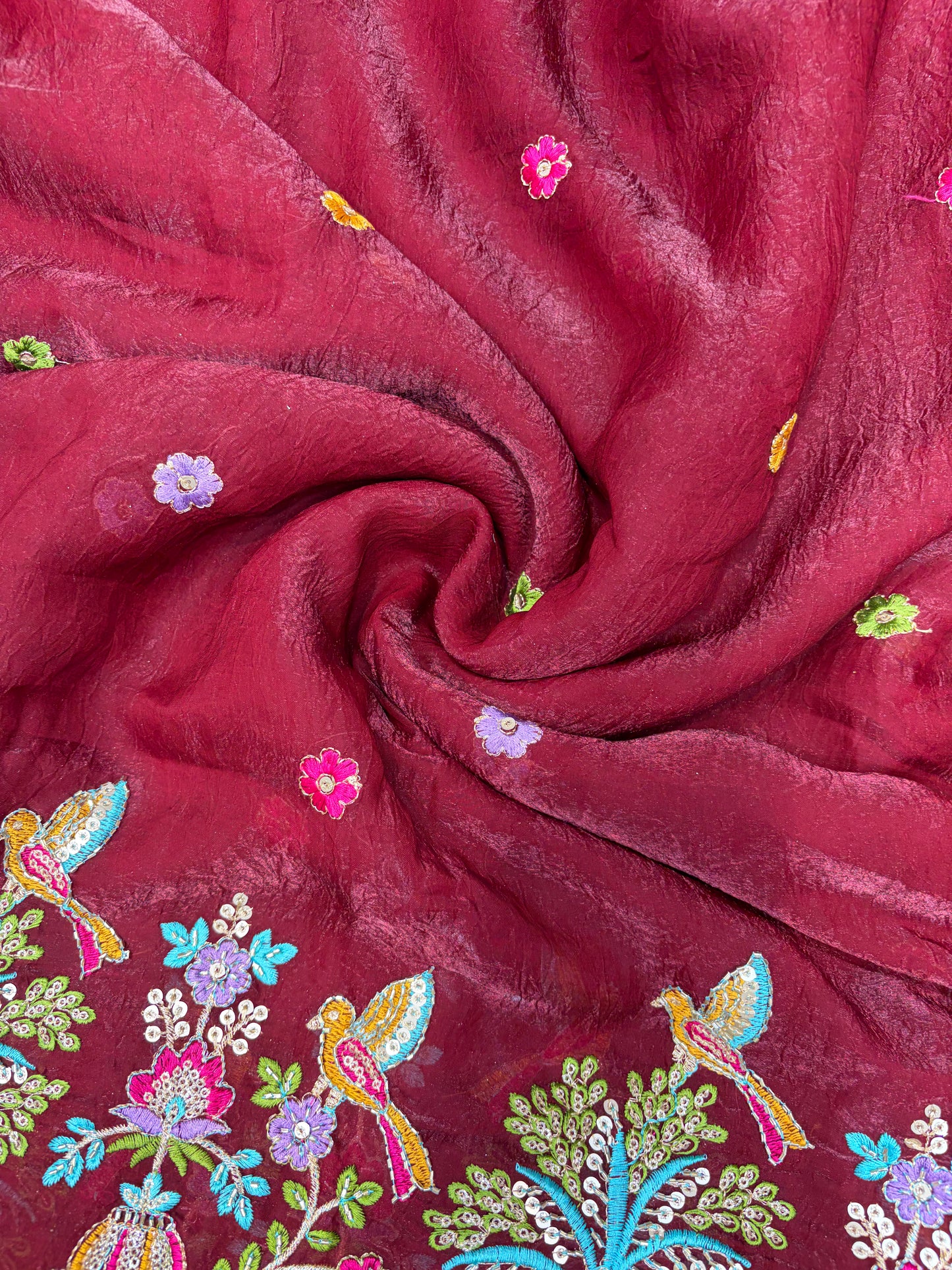 Premium Space Silk Fabric with Multi-Color Deer & Bird Embroidery. 44inch width MAROON