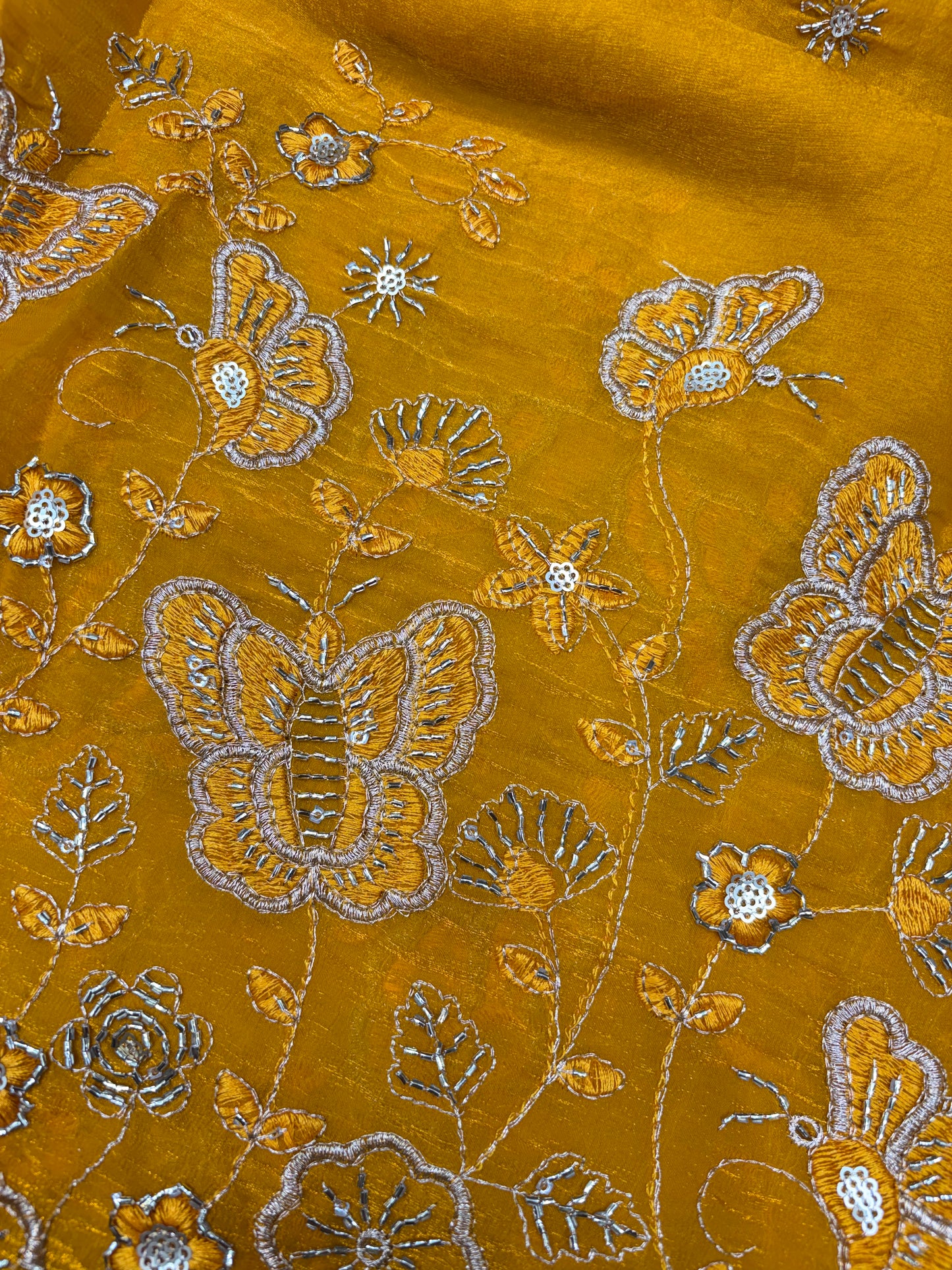 Beautiful Space Silk butterfly design 🦋beats work 44inch width Sare, lehengas , duppats , gowns, kurti , Anarkali’s