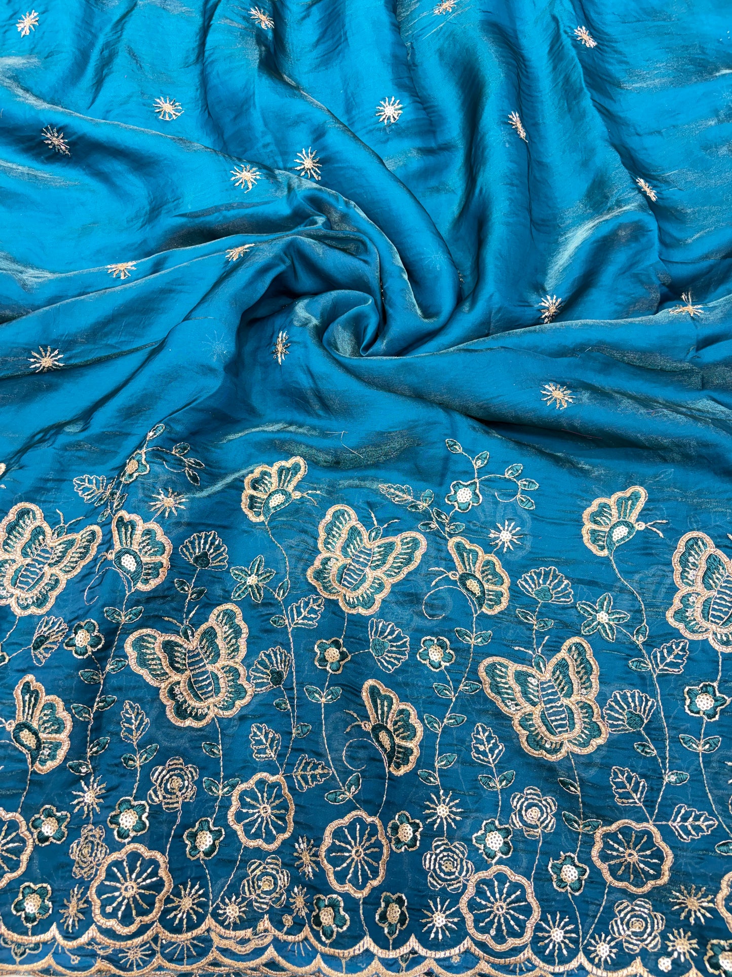 Beautiful Space Silk butterfly design 🦋beats work 44inch width Sare, lehengas , duppats , gowns, kurti , Anarkali’s ferozi