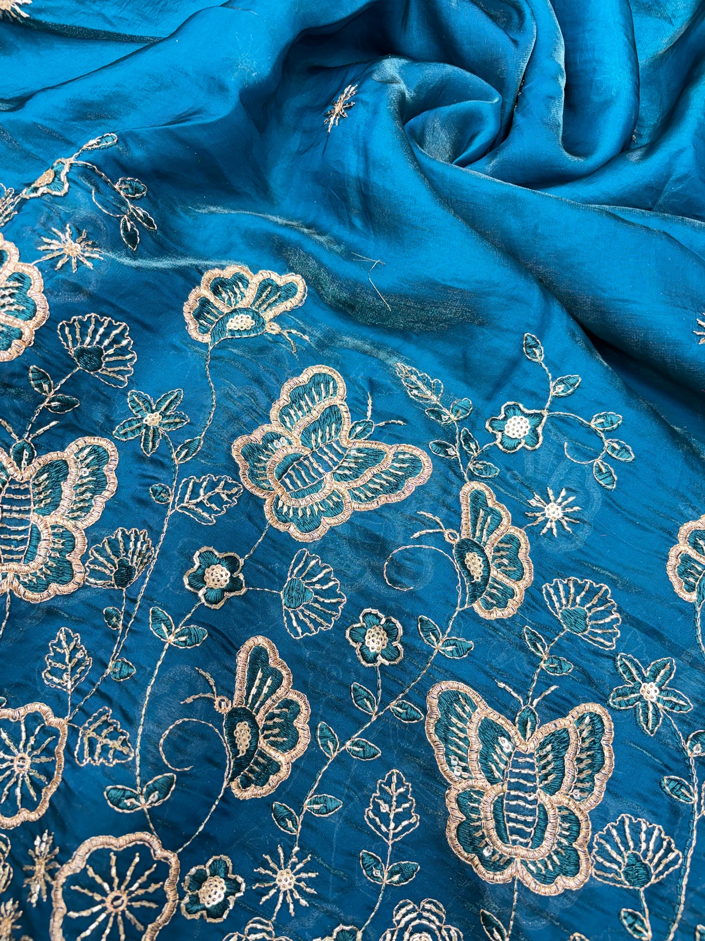 Beautiful Space Silk butterfly design 🦋beats work 44inch width Sare, lehengas , duppats , gowns, kurti , Anarkali’s ferozi