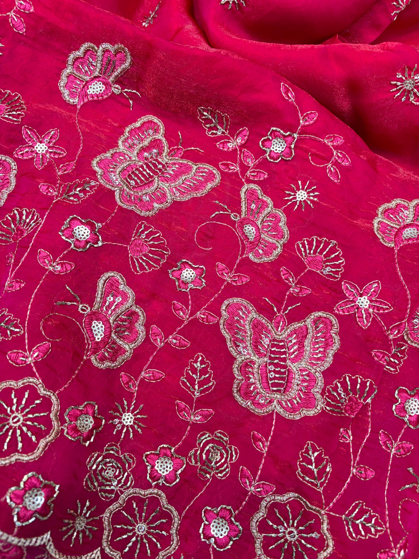 Beautiful Space Silk butterfly design 🦋beats work 44inch width Sare, lehengas , duppats , gowns, kurti , Anarkali’s