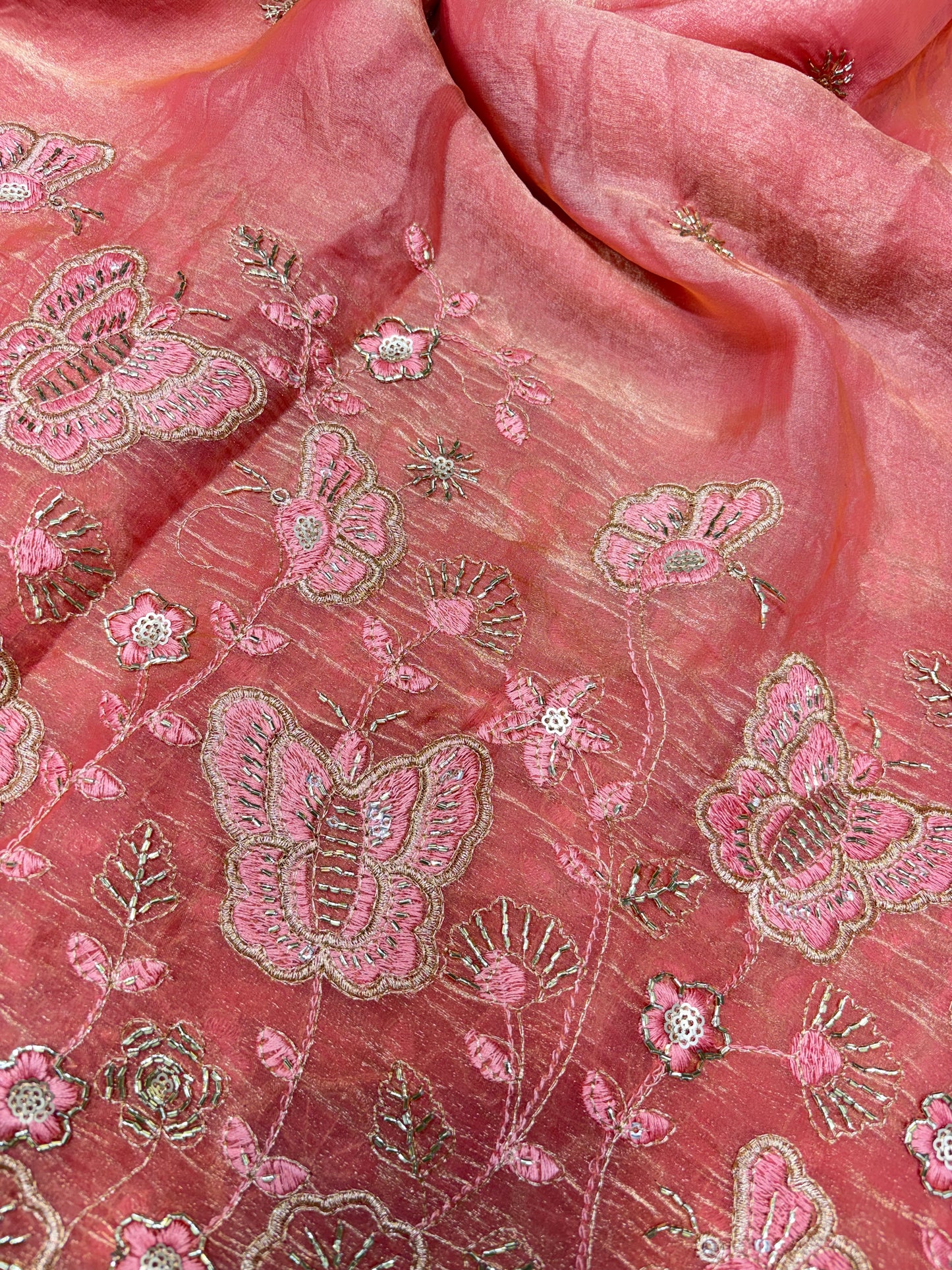 Beautiful Space Silk butterfly design 🦋beats work 44inch width Sare, lehengas , duppats , gowns, kurti , Anarkali’s