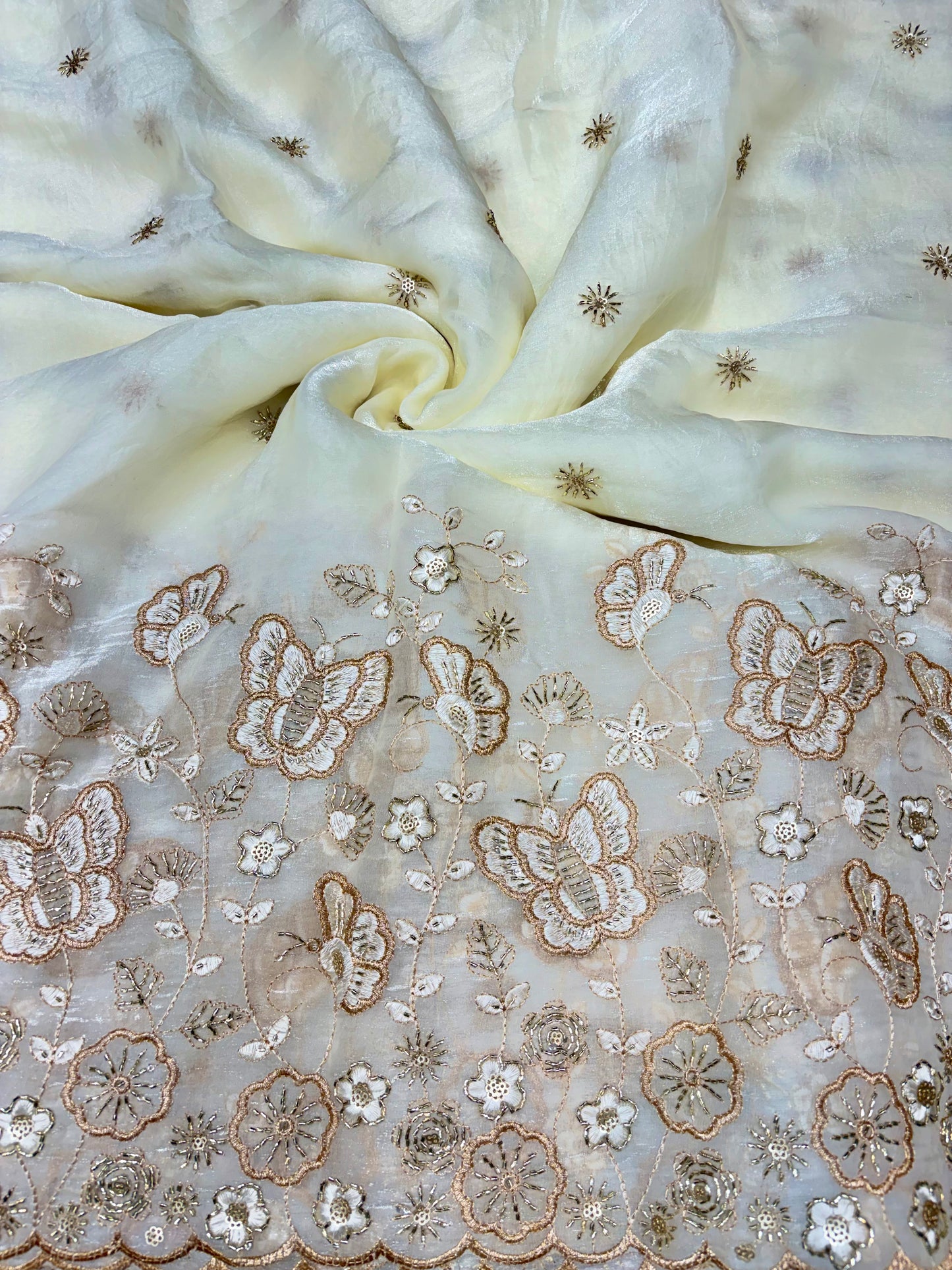 Beautiful Space Silk butterfly design 🦋beats work 44inch width Sare, lehengas , duppats , gowns, kurti , Anarkali’s white