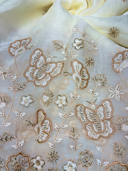 Beautiful Space Silk butterfly design 🦋beats work 44inch width Sare, lehengas , duppats , gowns, kurti , Anarkali’s white