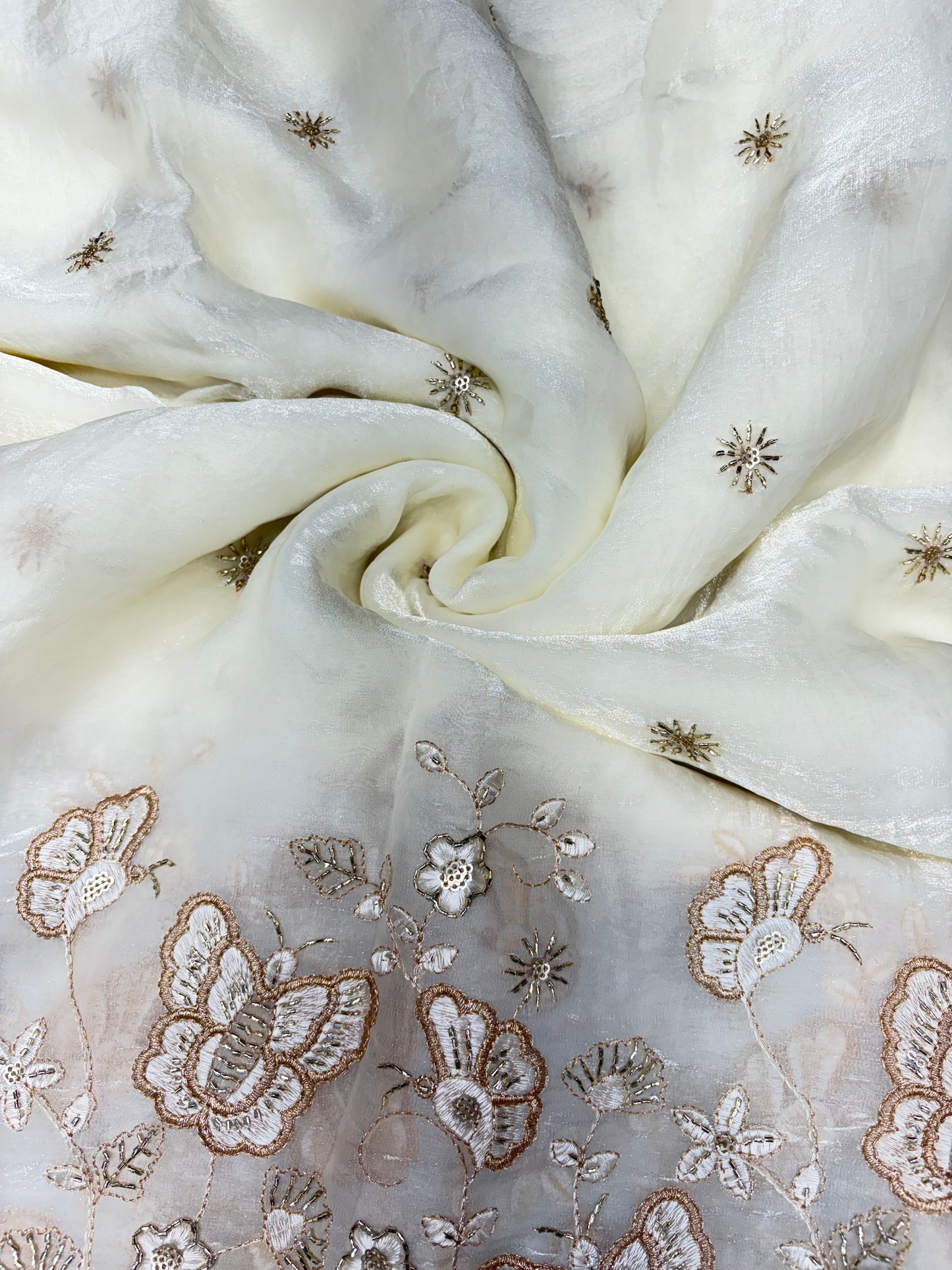 Beautiful Space Silk butterfly design 🦋beats work 44inch width Sare, lehengas , duppats , gowns, kurti , Anarkali’s white