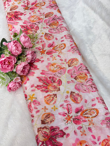 💖 Pure Chinon: Floral Print with Sequin Work 44width