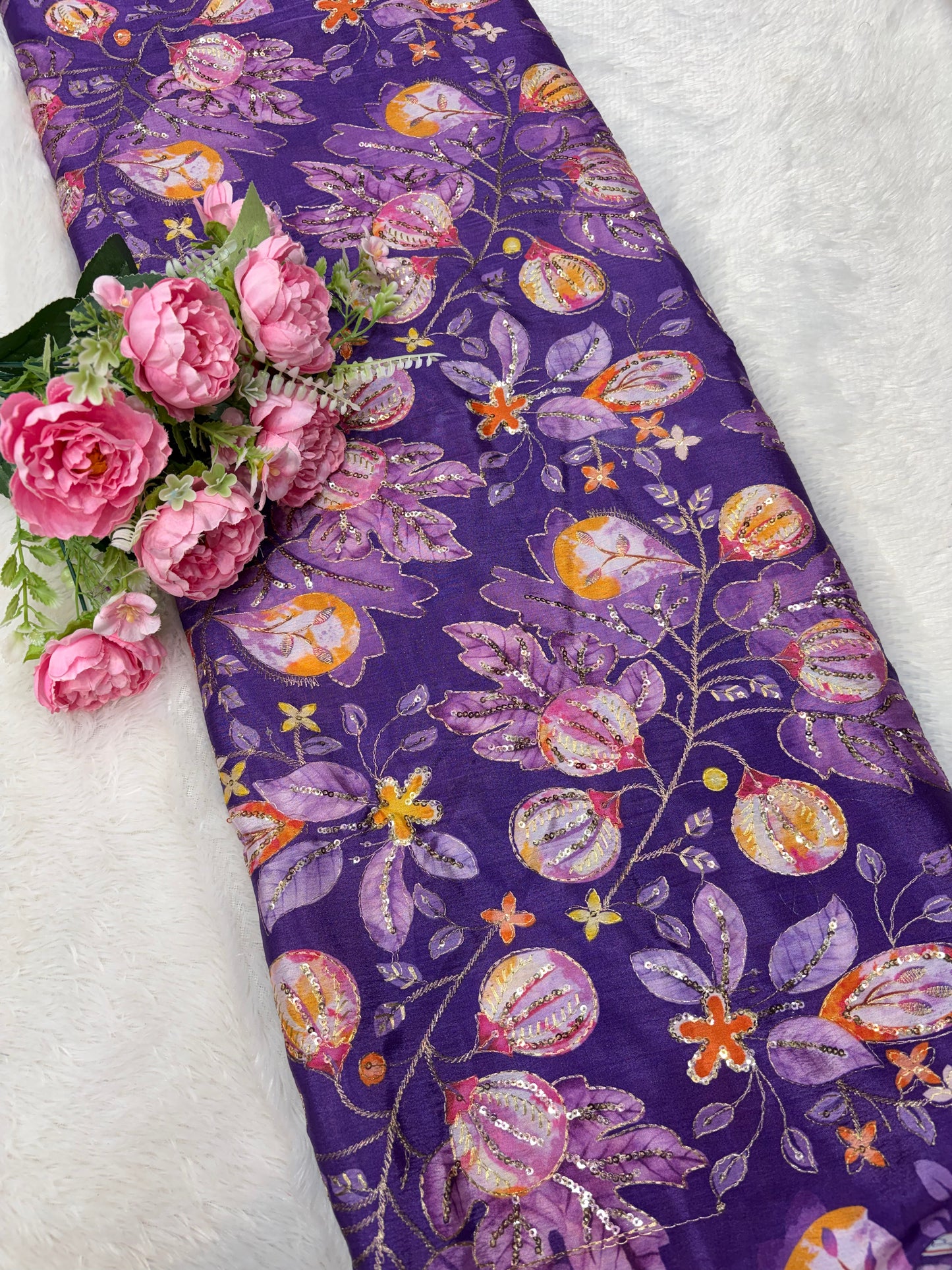 💖 Pure Chinon: Floral Print with Sequin Work 44width