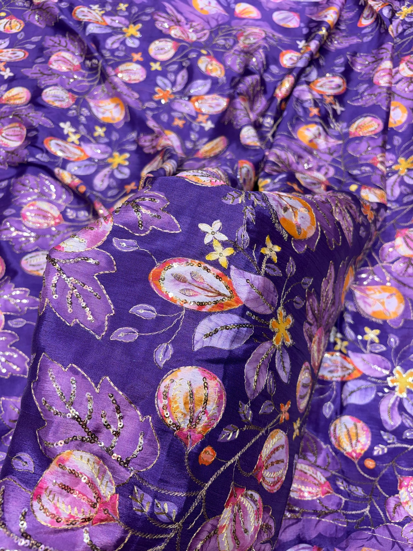 💖 Pure Chinon: Floral Print with Sequin Work 44width