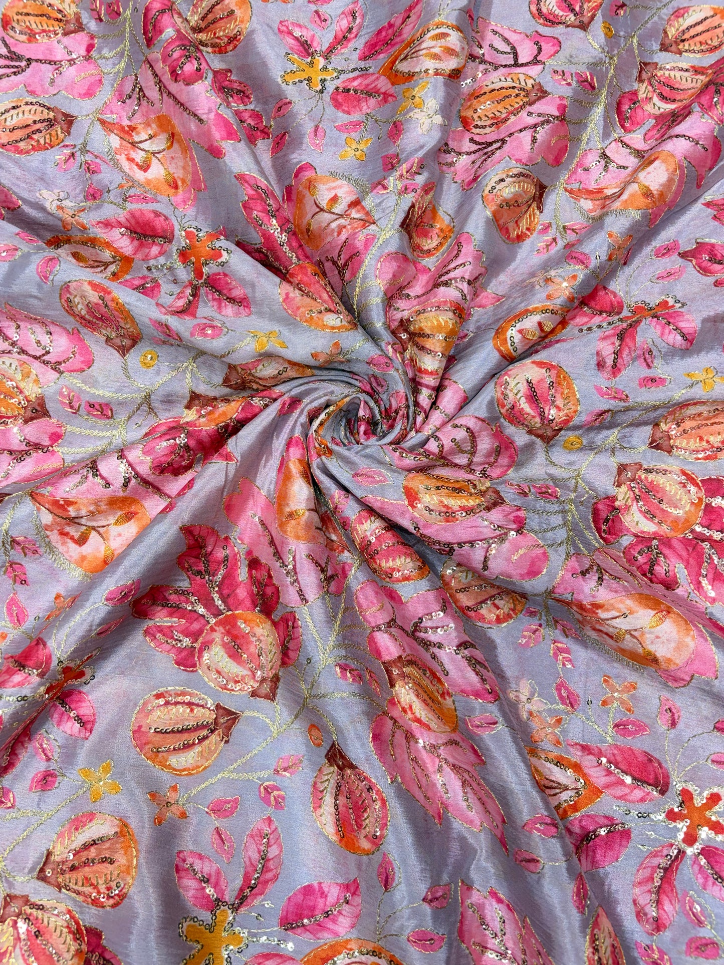 💖 Pure Chinon: Floral Print with Sequin Work 44width