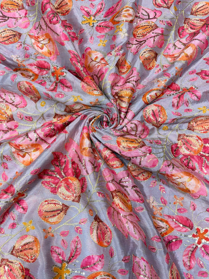 💖 Pure Chinon: Floral Print with Sequin Work 44width