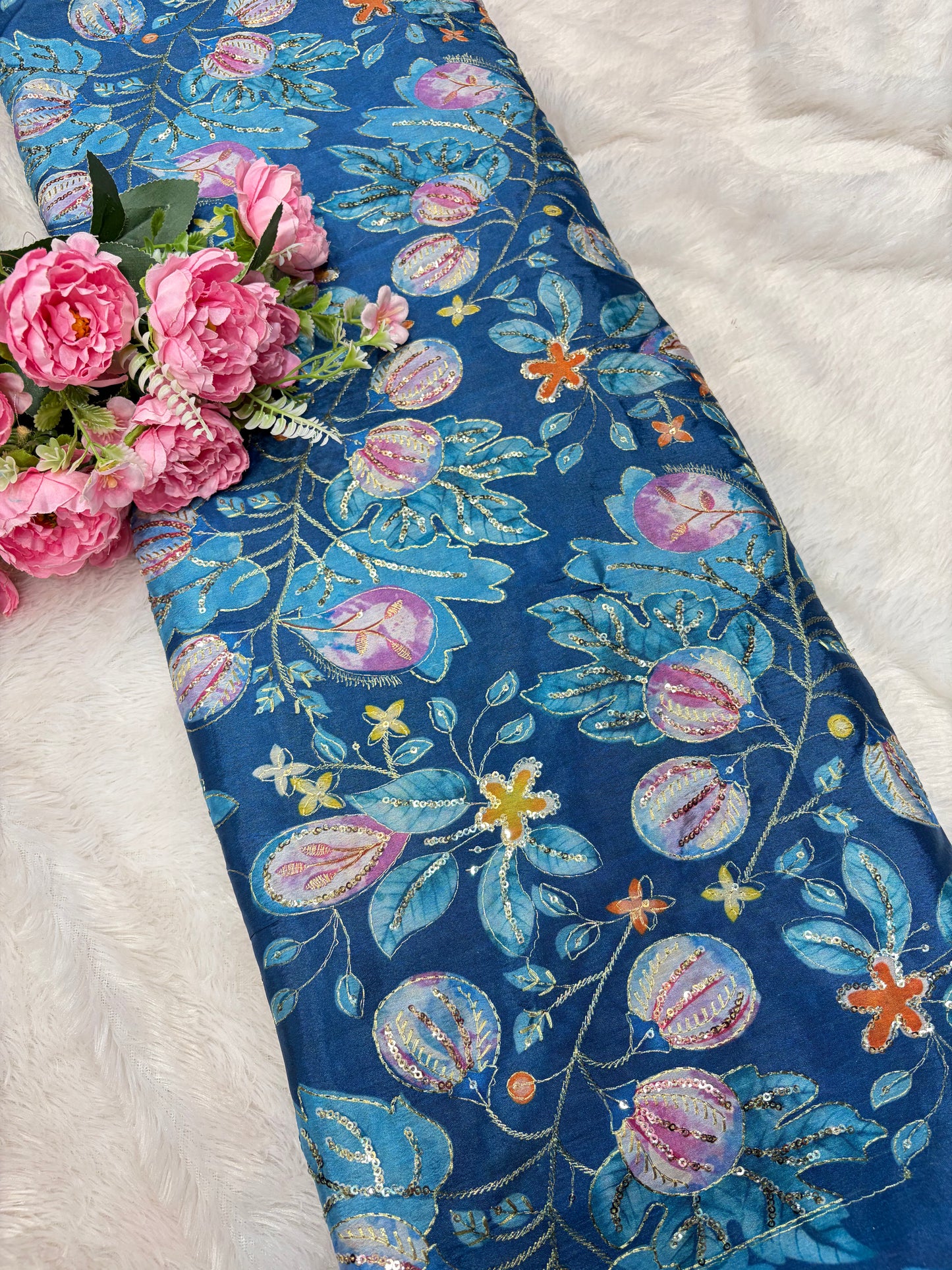 💖 Pure Chinon: Floral Print with Sequin Work 44width