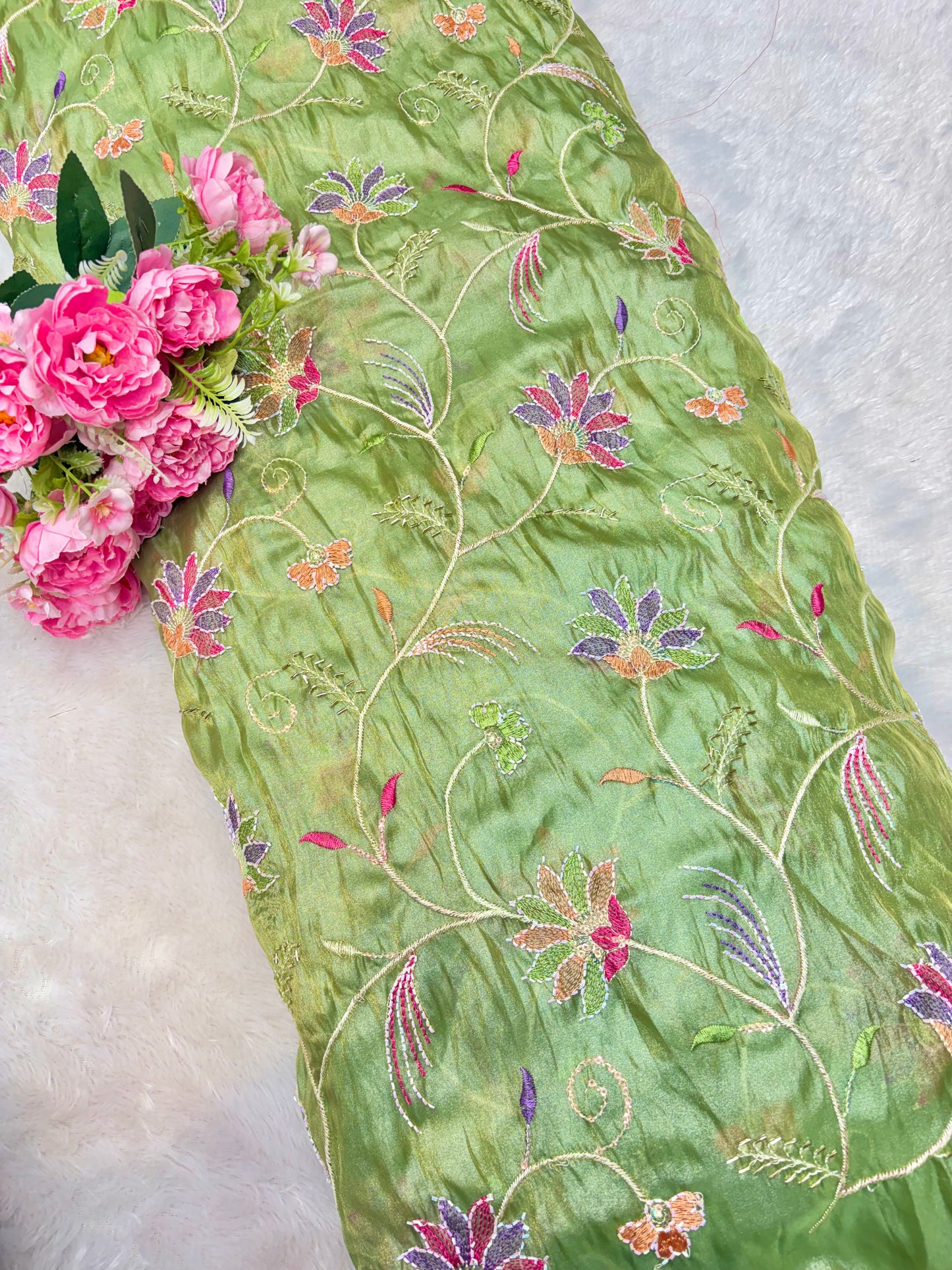 Premium quality  Royal Garden Embroidered Tissue Silk Fabric 44inch width