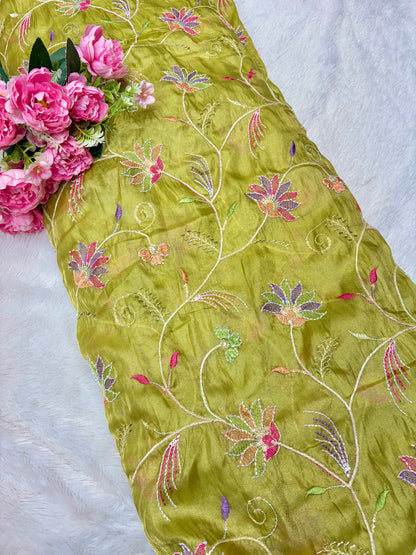 Premium quality  Royal Garden Embroidered Tissue Silk Fabric 44inch width