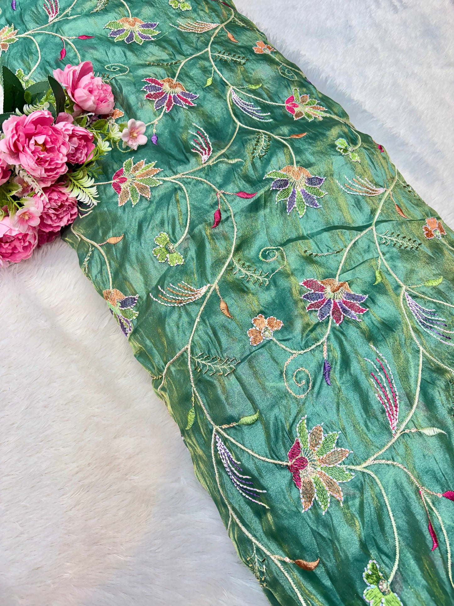 Premium quality  Royal Garden Embroidered Tissue Silk Fabric 44inch width