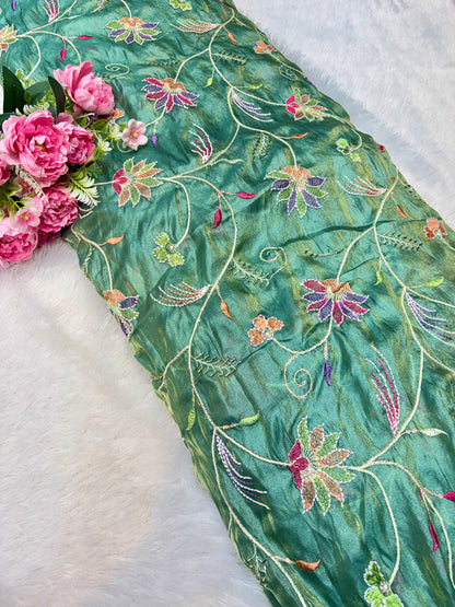 Premium quality  Royal Garden Embroidered Tissue Silk Fabric 44inch width