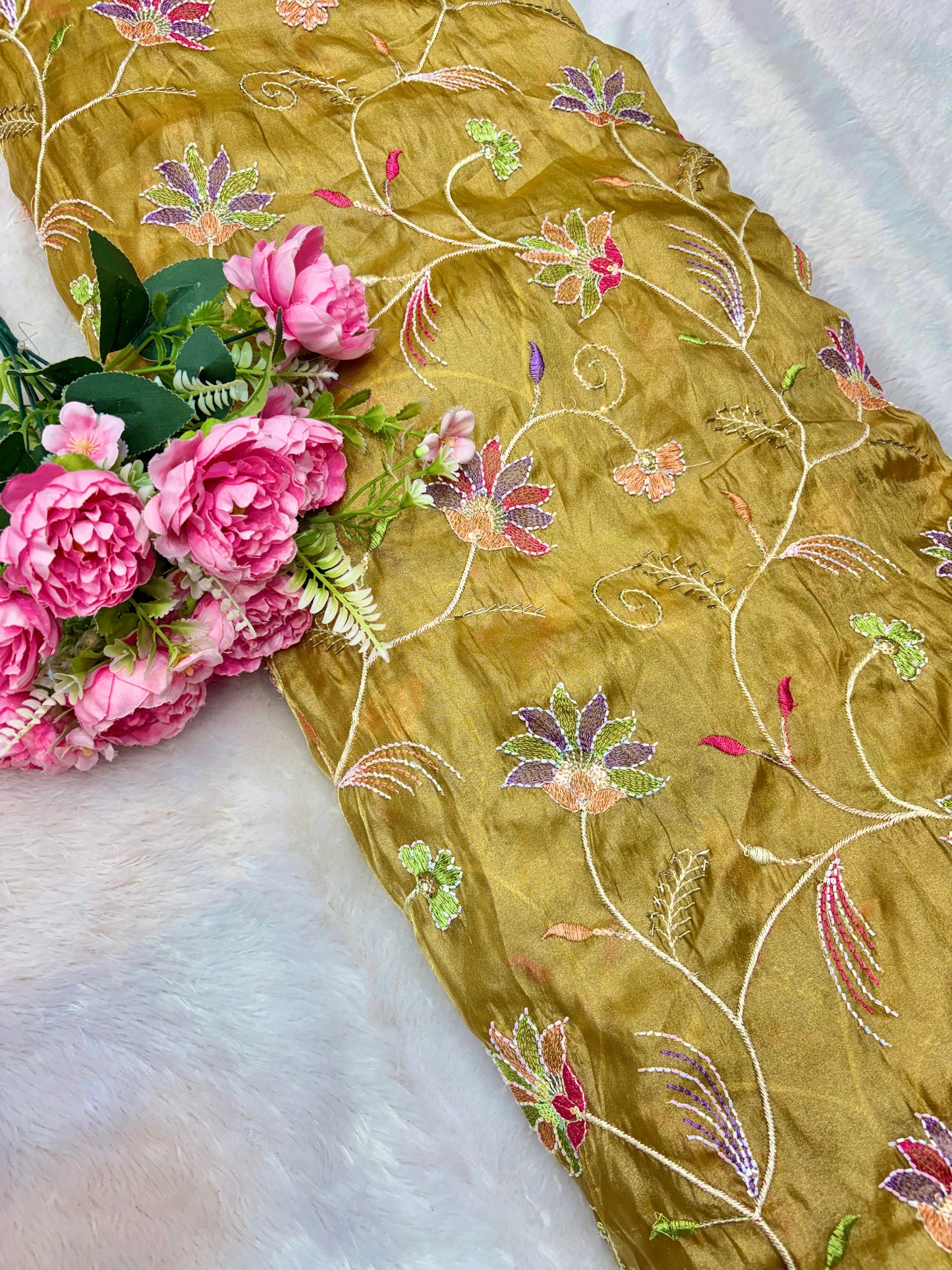 Premium quality  Royal Garden Embroidered Tissue Silk Fabric 44inch width