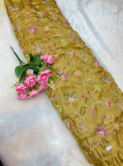 Premium quality  Royal Garden Embroidered Tissue Silk Fabric 44inch width