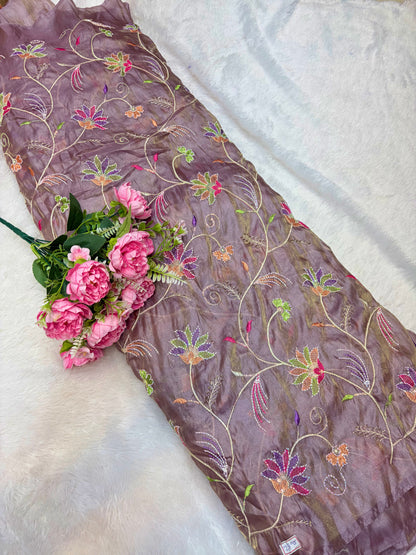 Premium quality  Royal Garden Embroidered Tissue Silk Fabric 44inch width