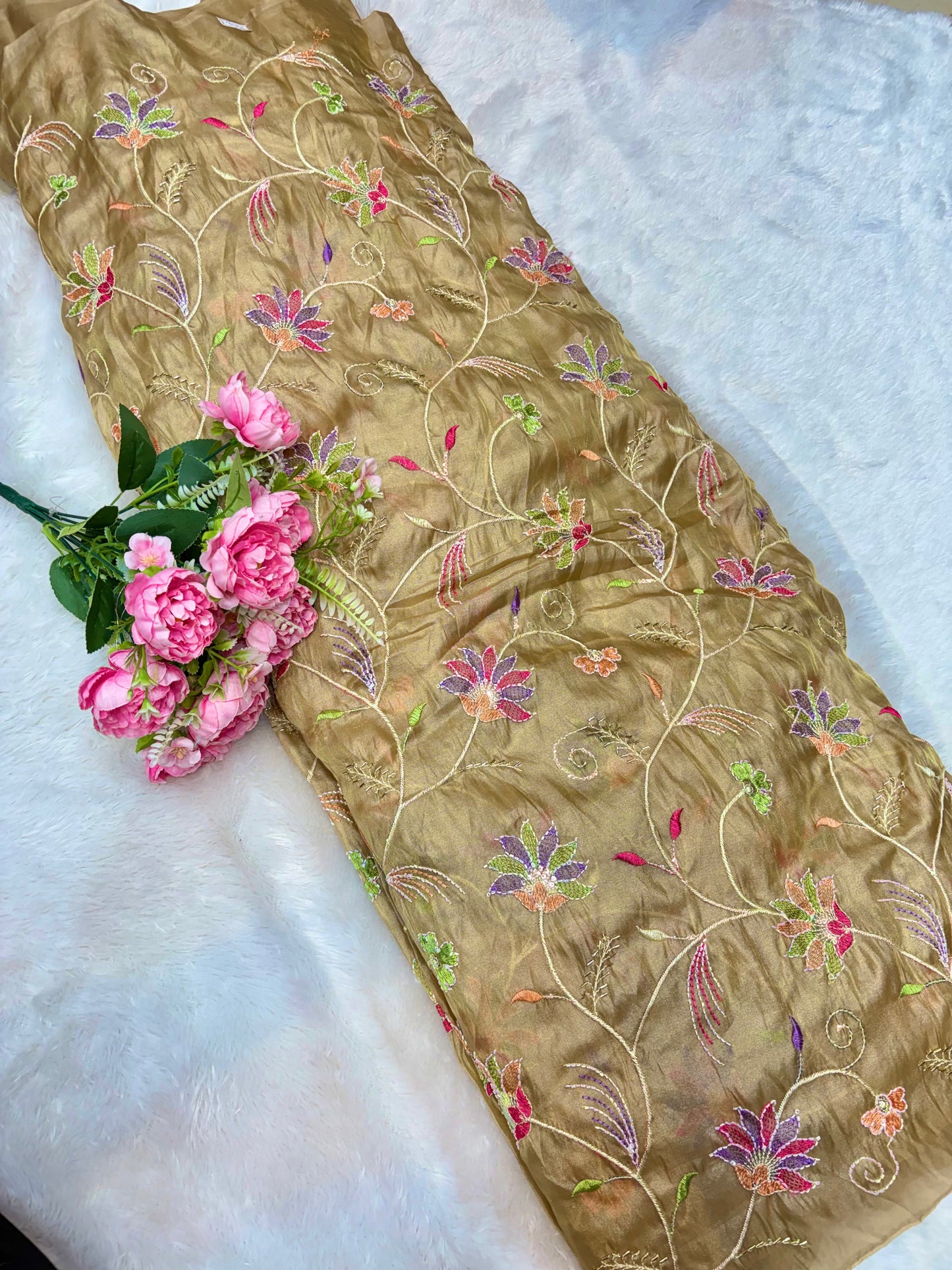 Premium quality  Royal Garden Embroidered Tissue Silk Fabric 44inch width
